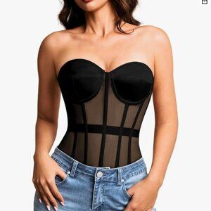 Sheer Mesh Strapless Lace Up Satin Bra Corset Top Black Medium